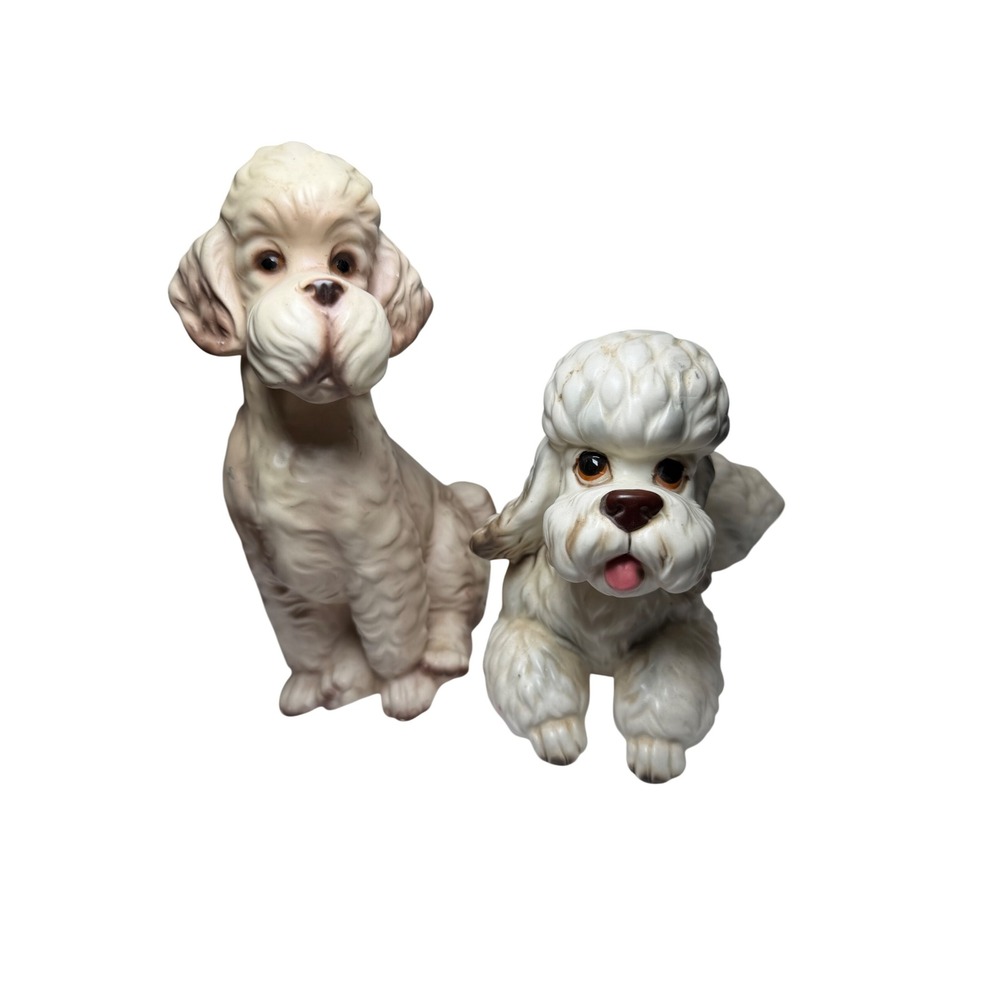 Vintage Deutsche Noritake Porcelain Poodle Figurines Set of 2 White Ceramic Dogs